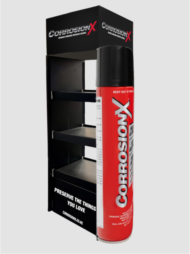 CorrosionX Freestanding Shelving Display
4 Shelves. Manufactured in 16mm Reboard
Overall Dimensions 450mmW x 370mmD x 1400mmH + 200mmH header card